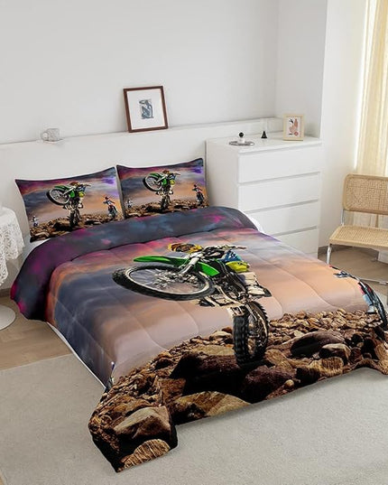 Dirt Bike Comforter Set for Boys Bedroom Motocross Rider Extreme Sports Duvet Insert Mountain Bike Bedding Quilted Set Kids Motorcycle Motorbike Down Comforter,Soft Lightweight for All Season,Full - LeafyLoom