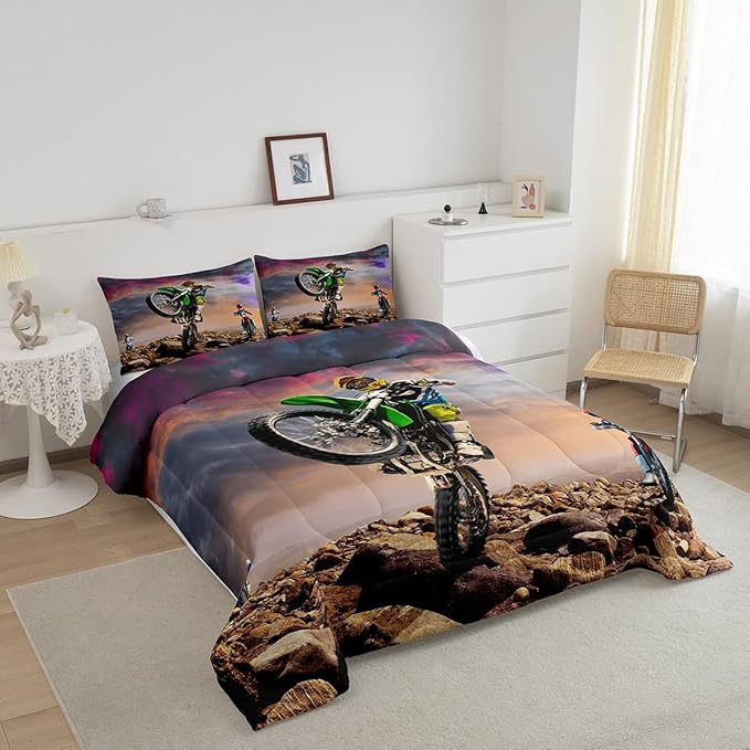 Dirt Bike Comforter Set for Boys Bedroom Motocross Rider Extreme Sports Duvet Insert Mountain Bike Bedding Quilted Set Kids Motorcycle Motorbike Down Comforter,Soft Lightweight for All Season,Queen - LeafyLoom