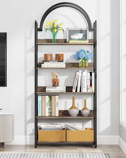 Tribesigns 5-Shelf Arched Bookcase, 72 inch Tall Rustic Wood Shelf with Black Metal Frame, Industrial Freestanding Open Bookshelf for Bedroom, Living Room,Small Spaces (Oak+Black, 1PC) - LeafyLoom