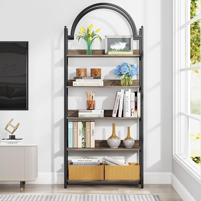 Tribesigns 5-Shelf Arched Bookcase, 72 inch Tall Rustic Wood Shelf with Black Metal Frame, Industrial Freestanding Open Bookshelf for Bedroom, Living Room,Small Spaces (Oak+Black, 1PC) - LeafyLoom
