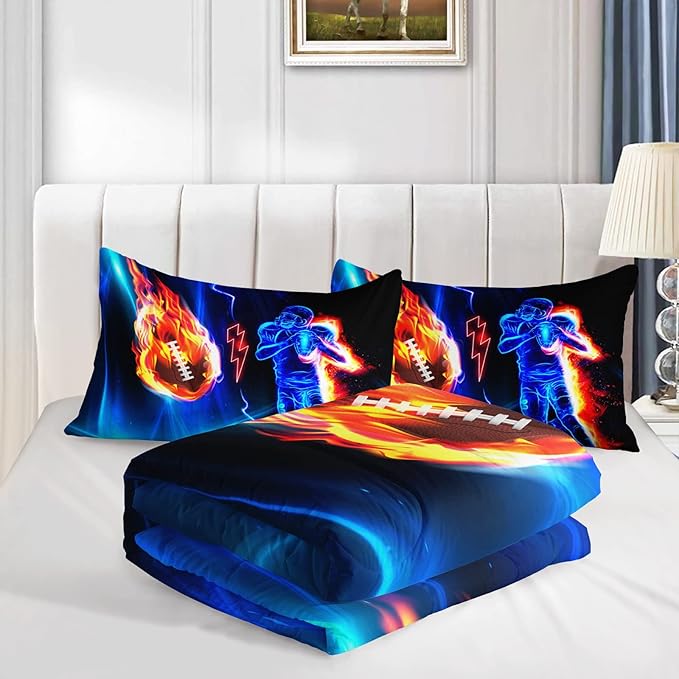 Axolotl Football Comforter Twin,Cool Blue Football Bedding Sports Theme Comforter Set for Boys,3D Rugby Sports Bedding Set Football Player On Fire for Boys Kids Teens,1 Quilt 2 Pillowcases,Black Blue - LeafyLoom