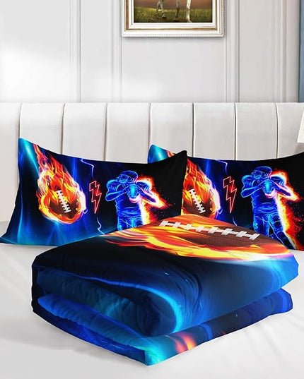 Axolotl Football Comforter Full,Cool Blue Football Bedding Sports Theme Comforter Set for Boys,3D Rugby Sports Bedding Set Football Player On Fire for Boys Kids Teens,1 Quilt 2 Pillowcases,Black Blue - LeafyLoom
