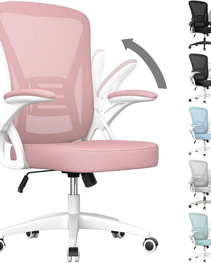 naspaluro Ergonomic Office Chair, Mid Back Desk Chair with Adjustable Height, Swivel Chair with Flip-Up Arms and Lumbar Support, Breathable Mesh Computer Chair for Home/Study/Working, Pink - LeafyLoom