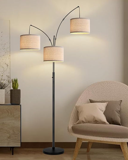 Dimmable Floor Lamp - 3 Lights Arc Floor Lamps for Living Room, 1000LM Modern Tall Standing Lamp with Beige Shades & Heavy Base, Mid Century Tree Floor Lamp for Bedroom Office, 3 LED Bulbs Included - LeafyLoom