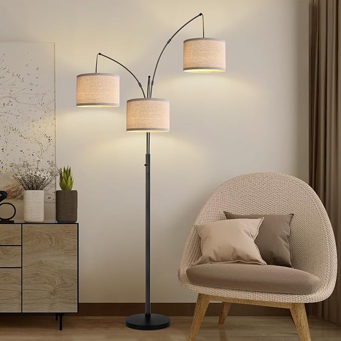 Dimmable Floor Lamp - 3 Lights Arc Floor Lamps for Living Room, 1000LM Modern Tall Standing Lamp with Beige Shades & Heavy Base, Mid Century Tree Floor Lamp for Bedroom Office, 3 LED Bulbs Included - LeafyLoom