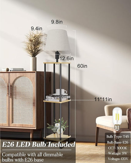 60IN Dimmable (Brightness Adjustable) Floor Lamp with Shelves, 3-Tier Corner Standing Lamp with Fabric Shade, E26 Bulb, Storage Shelf Tall Lamp for Living Room, Bedroom - LeafyLoom