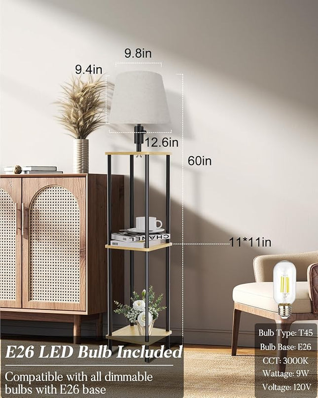 60IN Dimmable (Brightness Adjustable) Floor Lamp with Shelves, 3-Tier Corner Standing Lamp with Fabric Shade, E26 Bulb, Storage Shelf Tall Lamp for Living Room, Bedroom - LeafyLoom