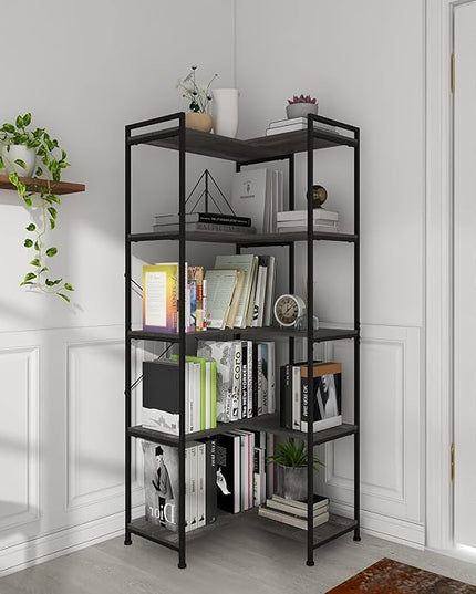 Bookshelf 5 Tier Deformable Corner Bookcase Free Standing Modern Industrial Book Storage Display Book Shelf for Bedroom Living Room Study Room Office (Dark Grey) - LeafyLoom