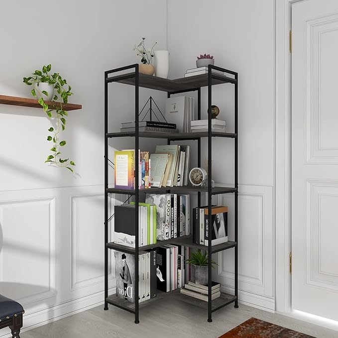 Bookshelf 5 Tier Deformable Corner Bookcase Free Standing Modern Industrial Book Storage Display Book Shelf for Bedroom Living Room Study Room Office (Dark Grey) - LeafyLoom