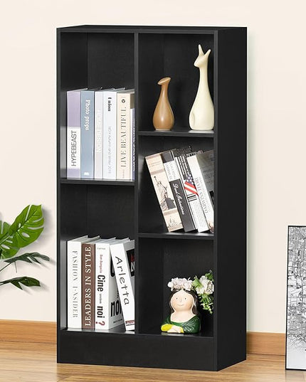 YAHARBO 5 Cube Black Bookshelf,Small Modern Horizontal Bookcase,Wood Floor Standing Low Bookshelves Display Storage Cabinet with Base, Short Book Shelf Open Organizer for Bedroom,Living Room,Office - LeafyLoom