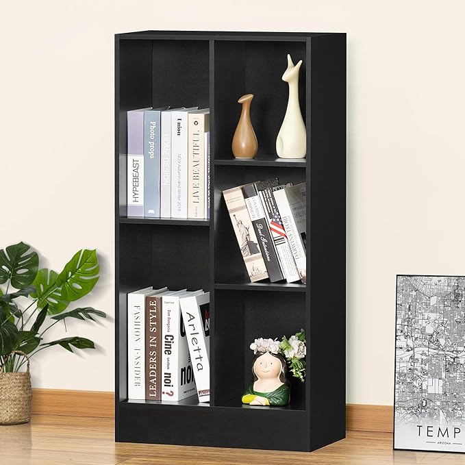 YAHARBO 5 Cube Black Bookshelf,Small Modern Horizontal Bookcase,Wood Floor Standing Low Bookshelves Display Storage Cabinet with Base, Short Book Shelf Open Organizer for Bedroom,Living Room,Office - LeafyLoom