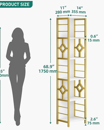 YITAHOME Narrow Bookshelf, 5-Tier White and Gold Book Shelf Storage Rack, Display Shelves Stand Etagere for Small Spaces, Open Bookcase for Bedroom Living Room Bathroom Kitchen, Gold - LeafyLoom