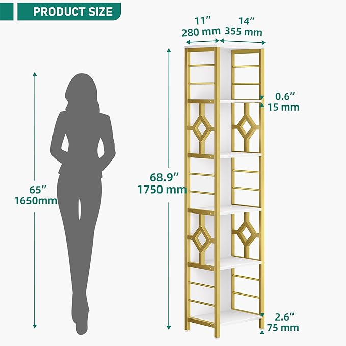 YITAHOME Narrow Bookshelf, 5-Tier White and Gold Book Shelf Storage Rack, Display Shelves Stand Etagere for Small Spaces, Open Bookcase for Bedroom Living Room Bathroom Kitchen, Gold - LeafyLoom