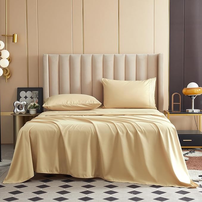 Bed Sheet Set - Brushed Microfiber Bedding - Bedding Sheets & Pillowcases - Deep Pockets - Easy Fit - Breathable & Soft Hotel Sheets - 4 Piece Twin Beige - LeafyLoom