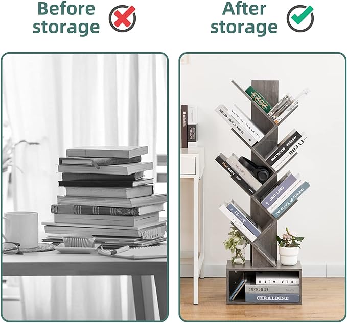 Yoobure Tree Bookshelf - 6 Shelf Retro Floor Standing Bookcase, Tall Wood Book Storage Rack for CDs/Movies/Books, Utility Book Organizer Shelves for Bedroom, Living Room, Home Office, Grey - LeafyLoom