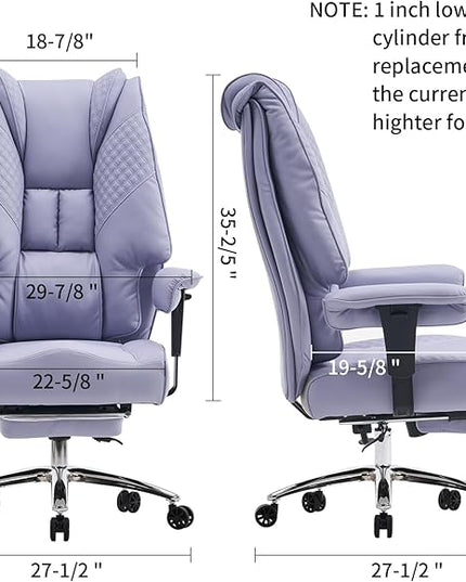 Big and Tall Office Chair 400lbs Wide Seat, Leather High Back Executive Office Chair with Foot Rest, Ergonomic Office Chair Lumbar Support for Lower Back Pain Relief (Light Purple) - LeafyLoom