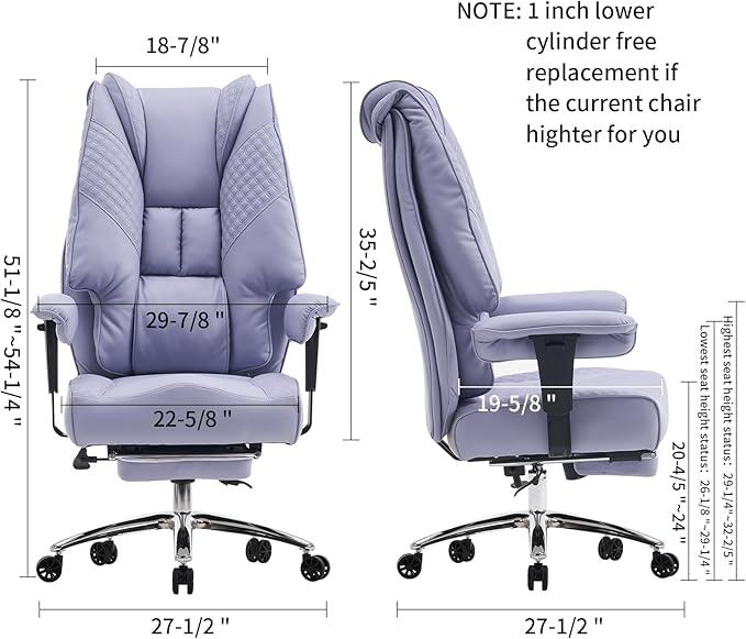 Big and Tall Office Chair 400lbs Wide Seat, Leather High Back Executive Office Chair with Foot Rest, Ergonomic Office Chair Lumbar Support for Lower Back Pain Relief (Light Purple) - LeafyLoom