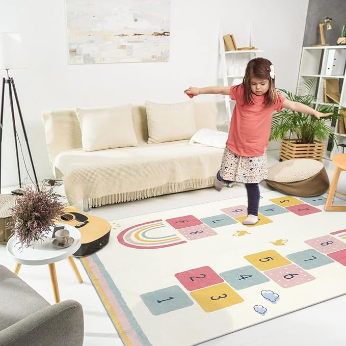 Topotdor Rainbow Sky Hopscotch Game Rugs,Kids Play Area Rugs Soft Floor Carpet for Bedroom Playroom Nursery,Great Gift for Girls & Boys,47" x 71" - LeafyLoom