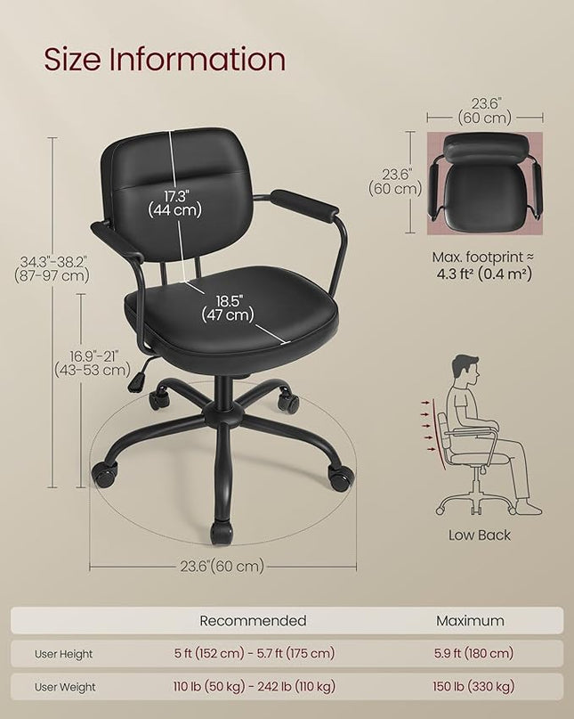 VASAGLE Office Chair, Desk Chair, Vanity Chair with Back, Individual Armrest Structure, Synthetic Leather, Adjustable Height, for Home Office, Ink Black UOBG033B02 - LeafyLoom