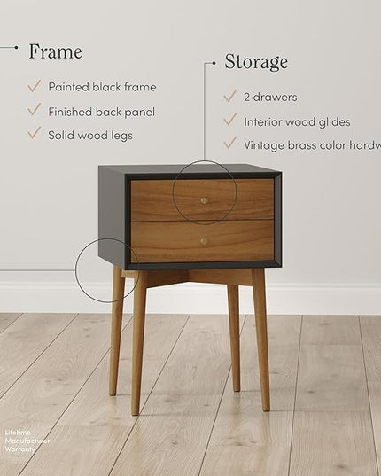Nathan James Harper Modern Nightstand Side Accent or End Table with Storage Drawer, Set of 2, Black/Brown - LeafyLoom
