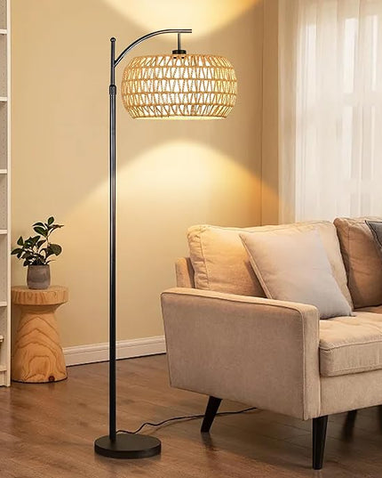 Arc Floor Lamps for Living Room Rattan Boho Floor Lamp with Remote Control,Dimmable LED Floor Lamp Wicker Lamp Shades Black Standing Lamp with 3 Color Temperature Tall Floor Lamp For Bedroom Corner - LeafyLoom