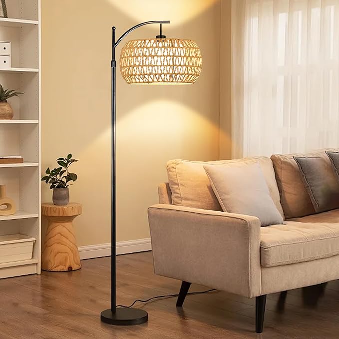 Arc Floor Lamps for Living Room Rattan Boho Floor Lamp with Remote Control,Dimmable LED Floor Lamp Wicker Lamp Shades Black Standing Lamp with 3 Color Temperature Tall Floor Lamp For Bedroom Corner - LeafyLoom
