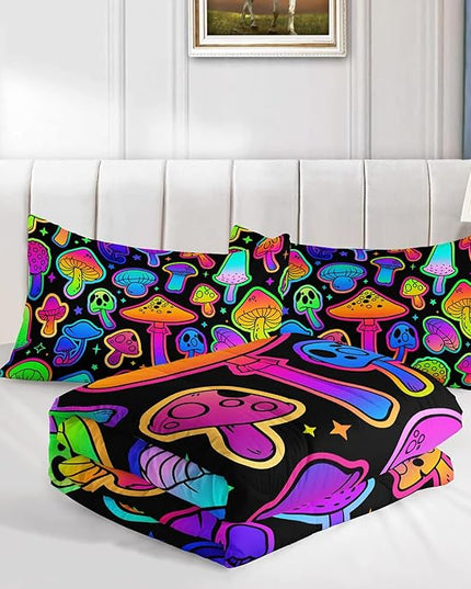 Mushroom Comforter Set Kids Bedding Set Full,3Pcs Colorful Soft Black Gradient Mushroom Quilt Set Bed in A Bag with 1 Comforter 2 Pillowcases for Kids Boys Girls Teens Adults Room Decor All Season - LeafyLoom