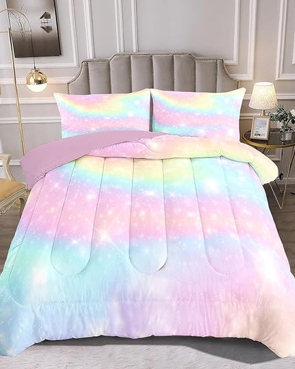 Kids Comforter Bedding Set 5 Piece Super Soft Breathable Print Kids Bedding Sets for Girls, Washable Durable Comforter Set with Comforter, Shams, Sheet, 2 Pillowcases (Gradient Color) - LeafyLoom