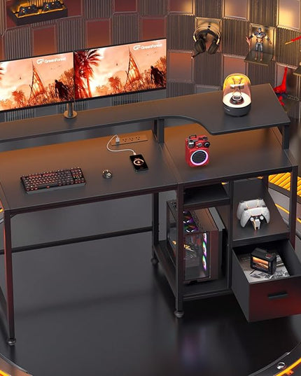 GreenForest 55 inch Computer Desk with Drawers and Outlets, Home Office Desk with Storage and Printer Shelf, Work Desk with Fabric File Drawer, Study Desk with Monitor Stand, Computer Table, Black - LeafyLoom