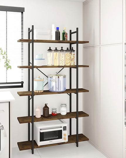 5 Tiers Bookshelf Organizer Industrial shelf,Modern Open Display Storage Bookcase,Rustic Brown and Metal Bookshelf Standing Storage Shelf Tall Shelving Units for Home Office Study. - LeafyLoom