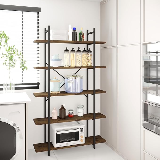 5 Tiers Bookshelf Organizer Industrial shelf,Modern Open Display Storage Bookcase,Rustic Brown and Metal Bookshelf Standing Storage Shelf Tall Shelving Units for Home Office Study. - LeafyLoom