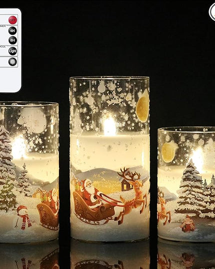 DRomance Santa Claus Glass Flameless Candles Battery Operated Remote and Timer Real Wax LED Flickering Pillar Candles White Cold Light Window Christmas Holiday Decor D3 x H4, 5", 6" DRomance