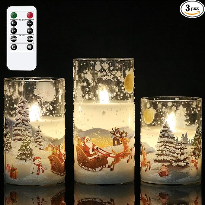DRomance Santa Claus Glass Flameless Candles Battery Operated Remote and Timer Real Wax LED Flickering Pillar Candles White Cold Light Window Christmas Holiday Decor D3 x H4, 5", 6" DRomance