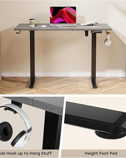Grey Standing Desk, 48 X 24 Inch Adjustable Height Electric Desk, Sit Stand Desk with 2 Hooks, Ergonomic Rising Desk with Splice Board - LeafyLoom