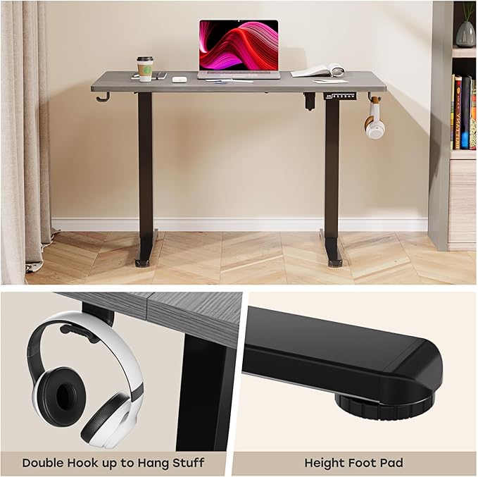Grey Standing Desk, 48 X 24 Inch Adjustable Height Electric Desk, Sit Stand Desk with 2 Hooks, Ergonomic Rising Desk with Splice Board - LeafyLoom