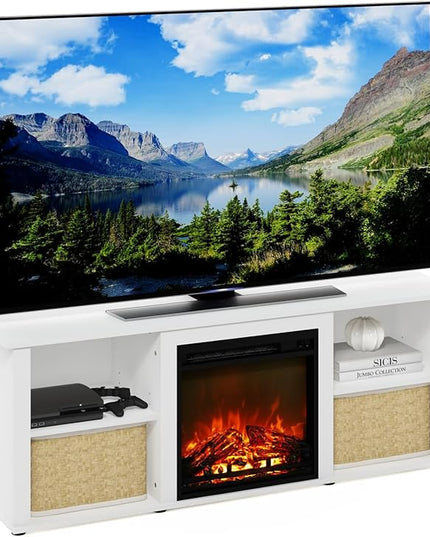 Furinno Classic 60 Inch TV Stand with Fireplace, Solid White - LeafyLoom