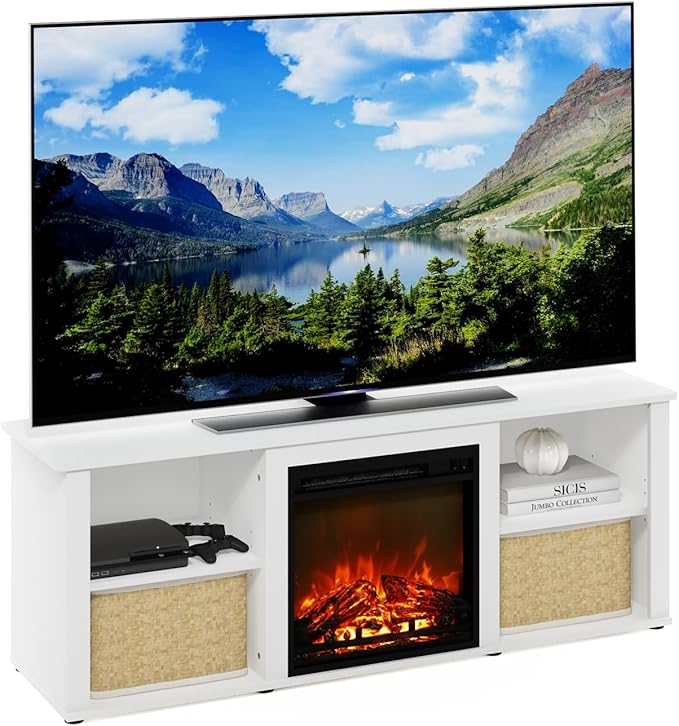Furinno Classic 60 Inch TV Stand with Fireplace, Solid White - LeafyLoom