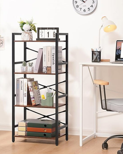 Yoobure 4 Tier Bookshelf - Small Book Shelf Industrial Bookcase, Narrow Book Case Book Storage Organizer for CD/Movie/Book, Bookshelves for Bedroom Office Living Room Berry Brown - LeafyLoom