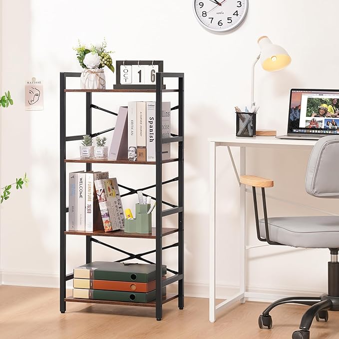 Yoobure 4 Tier Bookshelf - Small Book Shelf Industrial Bookcase, Narrow Book Case Book Storage Organizer for CD/Movie/Book, Bookshelves for Bedroom Office Living Room Berry Brown - LeafyLoom