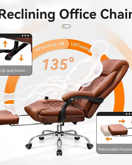Office Chair, Executive Leather Chair Adjustable High Back, Ergonomic Computer Desk Chair Lumbar Support, Big and Tall Office Chair with Footrest, Comfy Reclining Chair for Home Office - LeafyLoom
