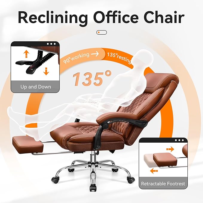 Office Chair, Executive Leather Chair Adjustable High Back, Ergonomic Computer Desk Chair Lumbar Support, Big and Tall Office Chair with Footrest, Comfy Reclining Chair for Home Office - LeafyLoom