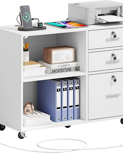 DWVO 3 Drawer File Cabinet with Charging Station, Mobile Filing Cabinet with Lock, White - LeafyLoom