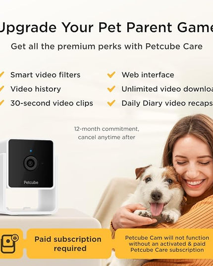 Petcube Cam and Care Coverage Subscription | Indoor Wi-Fi Pet and Security Camera with Phone App, Cats and Dogs Monitor with 2-Way Audio and Video, Night Vision Petcube