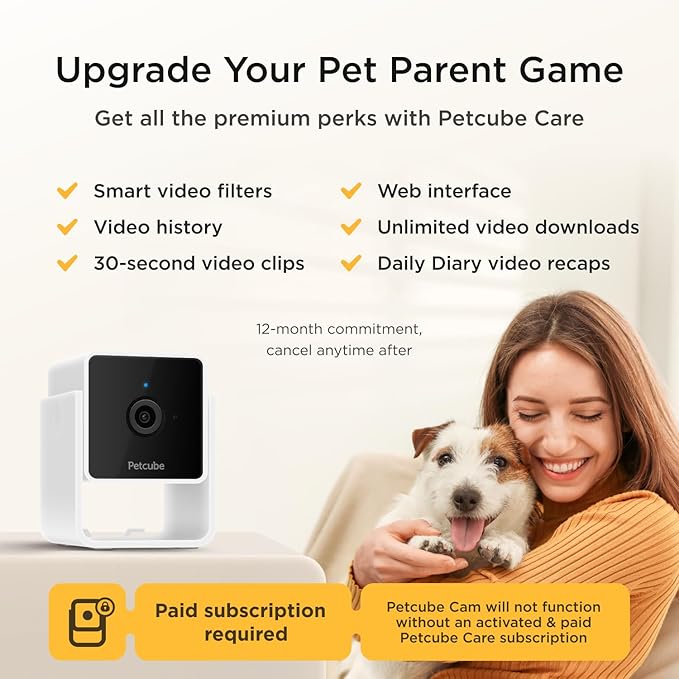 Petcube Cam and Care Coverage Subscription | Indoor Wi-Fi Pet and Security Camera with Phone App, Cats and Dogs Monitor with 2-Way Audio and Video, Night Vision Petcube