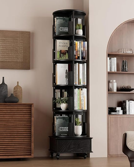 Solid Wood Rotating Book Shelf, 360° Display Bookcase with Drawer, 5-Tier Mobile Bookshelf with Wheels, 79" Tall Bookcase for Narrow Space, Spinning Bookshelf Tower for Home Office, Study Room, Black - LeafyLoom