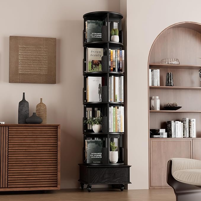 Solid Wood Rotating Book Shelf, 360° Display Bookcase with Drawer, 5-Tier Mobile Bookshelf with Wheels, 79" Tall Bookcase for Narrow Space, Spinning Bookshelf Tower for Home Office, Study Room, Black - LeafyLoom