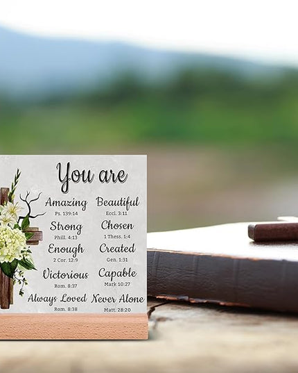 TIKTREE Christian Gifts, Religious Gifts for Women Faith, Catholic Spiritual Gifts with Bible Verse, Christian Home Desk Decor with Wood Stand - LeafyLoom