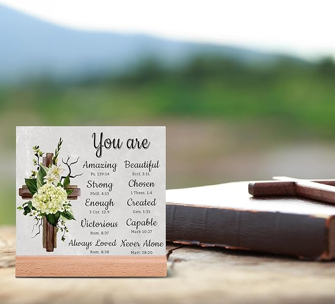 TIKTREE Christian Gifts, Religious Gifts for Women Faith, Catholic Spiritual Gifts with Bible Verse, Christian Home Desk Decor with Wood Stand - LeafyLoom
