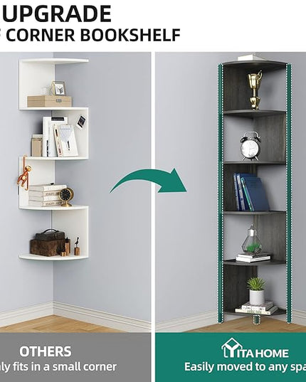 YITAHOME 6-Tier Corner Shelf, 68.8" Tall Industrial Free Standing Corner Bookshelf, 6 Shelf Display Corner Bookcase Open Small Book Shelves for Bedroom, Living Room, Small Space, Charcoal Gray + Black - LeafyLoom