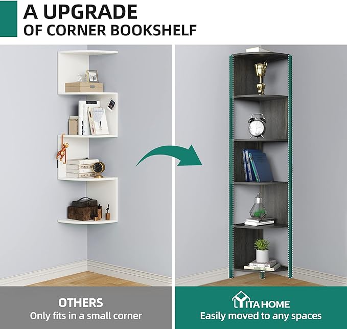 YITAHOME 6-Tier Corner Shelf, 68.8" Tall Industrial Free Standing Corner Bookshelf, 6 Shelf Display Corner Bookcase Open Small Book Shelves for Bedroom, Living Room, Small Space, Charcoal Gray + Black - LeafyLoom